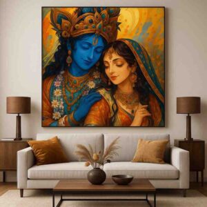 Radha Krishna wall art, Radha Krishna canvas painting, divine love wall décor, devotional wall art for bedroom, romantic Radha Krishna painting, large canvas painting 30x48 inch, vastu Radha Krishna painting, premium framed religious wall art, luxury spiritual home décor