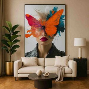 butterfly portrait wall art, surreal woman canvas painting, modern abstract face wall art, colorful luxury wall art, statement canvas painting 30x48