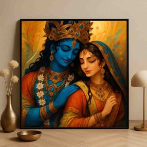 Radha Krishna wall art, Radha Krishna canvas painting, divine love wall décor, devotional wall art for bedroom, romantic Radha Krishna painting, large canvas painting 30x48 inch, vastu Radha Krishna painting, premium framed religious wall art, luxury spiritual home décor