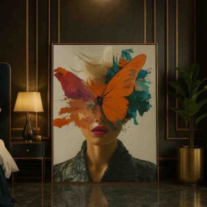 butterfly portrait wall art, surreal woman canvas painting, modern abstract face wall art, colorful luxury wall art, statement canvas painting 30x48