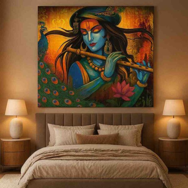 Krishna flute wall art, Lord Krishna canvas painting, devotional wall décor for bedroom, peacock theme Krishna painting, large canvas painting 30x48 inch, spiritual wall art for home, vastu Krishna painting, premium framed religious wall art, luxury Indian home décor painting