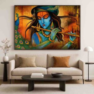 Krishna flute wall art, Lord Krishna canvas painting, devotional wall décor for bedroom, peacock theme Krishna painting, large canvas painting 30x48 inch, spiritual wall art for home, vastu Krishna painting, premium framed religious wall art, luxury Indian home décor painting