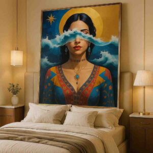 surreal woman wall art, ocean theme portrait painting, modern figurative canvas art, luxury bedroom wall art, spiritual abstract portrait