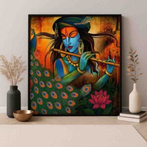 Krishna flute wall art, Lord Krishna canvas painting, devotional wall décor for bedroom, peacock theme Krishna painting, large canvas painting 30x48 inch, spiritual wall art for home, vastu Krishna painting, premium framed religious wall art, luxury Indian home décor painting