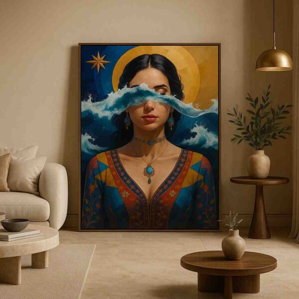 surreal woman wall art, ocean theme portrait painting, modern figurative canvas art, luxury bedroom wall art, spiritual abstract portrait