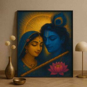 Radha Krishna wall art, Radha Krishna canvas painting 30x48 inch, devotional wall décor for bedroom, Krishna flute painting, lotus spiritual wall art, vastu positive wall painting, premium framed religious art, luxury Indian home décor painting