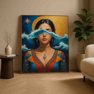 surreal woman wall art, ocean theme portrait painting, modern figurative canvas art, luxury bedroom wall art, spiritual abstract portrait