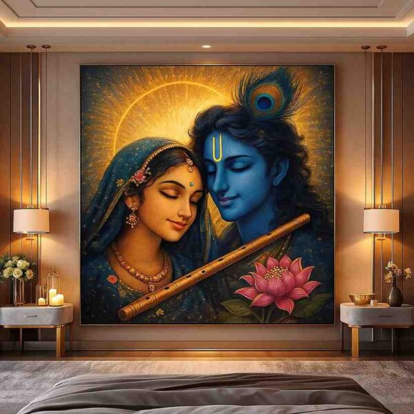 Radha Krishna wall art, Radha Krishna canvas painting 30x48 inch, devotional wall décor for bedroom, Krishna flute painting, lotus spiritual wall art, vastu positive wall painting, premium framed religious art, luxury Indian home décor painting