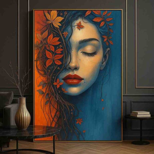 modern portrait wall art, feminine canvas painting, abstract woman face art, luxury bedroom wall decor, contemporary portrait canvas