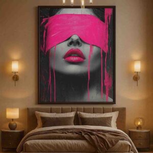 modern abstract portrait wall art, pink accent canvas painting, luxury bedroom wall decor 30x48, contemporary face art for home, statement portrait wall art