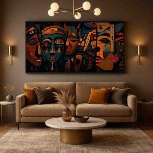 abstract faces wall art, cubist wall painting for living room, modern abstract canvas art horizontal, luxury contemporary wall decor, statement wall art above sofa