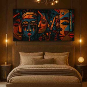 abstract faces wall art, cubist wall painting for living room, modern abstract canvas art horizontal, luxury contemporary wall decor, statement wall art above sofa