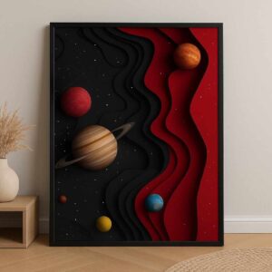 modern abstract wall art, cosmic planet canvas painting, black red abstract wall decor, luxury modern wall art, statement artwork for bedroom