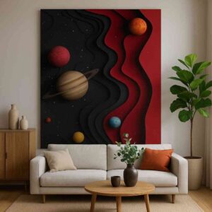 modern abstract wall art, cosmic planet canvas painting, black red abstract wall decor, luxury modern wall art, statement artwork for bedroom
