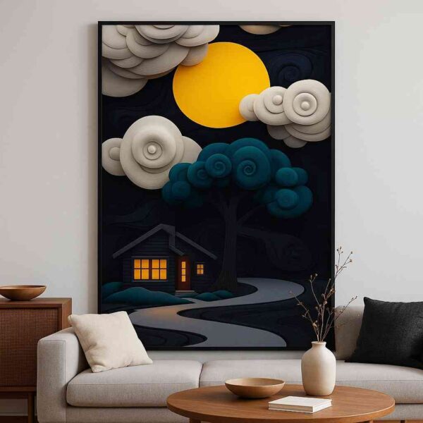 modern abstract wall art, moon landscape canvas painting, night sky wall decor, luxury contemporary wall art, serene bedroom artwork