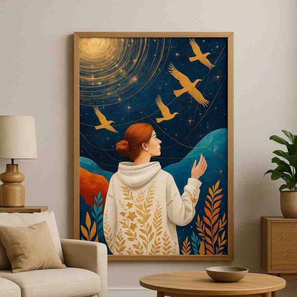 figurative wall art, surreal woman painting, gold blue wall decor, modern storytelling artwork, luxury canvas art