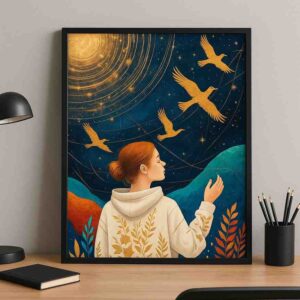 figurative wall art, surreal woman painting, gold blue wall decor, modern storytelling artwork, luxury canvas art