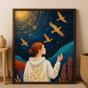 figurative wall art, surreal woman painting, gold blue wall decor, modern storytelling artwork, luxury canvas art