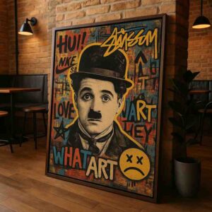 charlie chaplin pop art, street art wall painting, graffiti portrait canvas, modern urban wall decor, pop art canvas painting