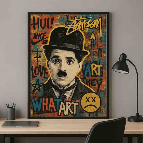 charlie chaplin pop art, street art wall painting, graffiti portrait canvas, modern urban wall decor, pop art canvas painting