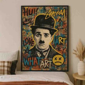 charlie chaplin pop art, street art wall painting, graffiti portrait canvas, modern urban wall decor, pop art canvas painting
