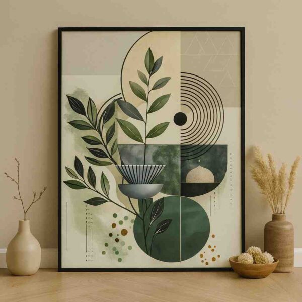geometric botanical wall art, abstract plant canvas 30x48, green modern wall decor, minimalist nature artwork, scandinavian botanical painting, abstract leaves canvas print, large vertical leaf art, earthy modern home décor painting