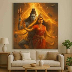 Ardhanarishvara wall art, Shiva Shakti canvas painting, Lord Shiva Parvati wall art, spiritual wall art for home, mythological wall painting 30x48 inch, large canvas painting, vastu spiritual wall art, premium framed religious painting, divine wall décor painting, Hindu god wall art