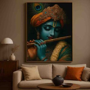 Lord Krishna wall art, Krishna flute canvas painting, spiritual wall art for home, Hindu god wall painting 30x48 inch, large canvas painting, vastu spiritual wall art, premium framed religious painting, divine wall décor painting, Krishna portrait wall art, mythological wall art