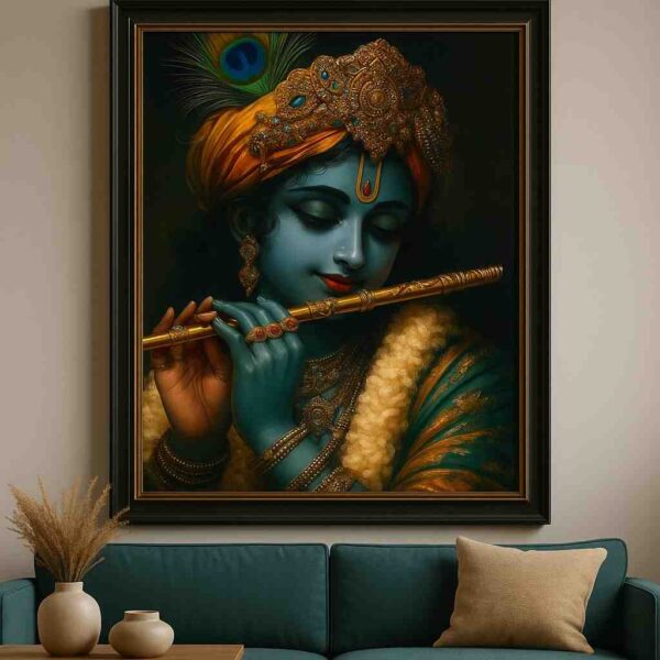 Lord Krishna wall art, Krishna flute canvas painting, spiritual wall art for home, Hindu god wall painting 30x48 inch, large canvas painting, vastu spiritual wall art, premium framed religious painting, divine wall décor painting, Krishna portrait wall art, mythological wall art