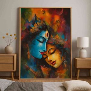 Radha Krishna wall art, Radha Krishna canvas painting, divine love wall art, spiritual wall art for home, Hindu god wall painting 30x48 inch, large canvas painting, vastu spiritual wall art, premium framed religious painting, devotional wall décor painting, Krishna Radha abstract art