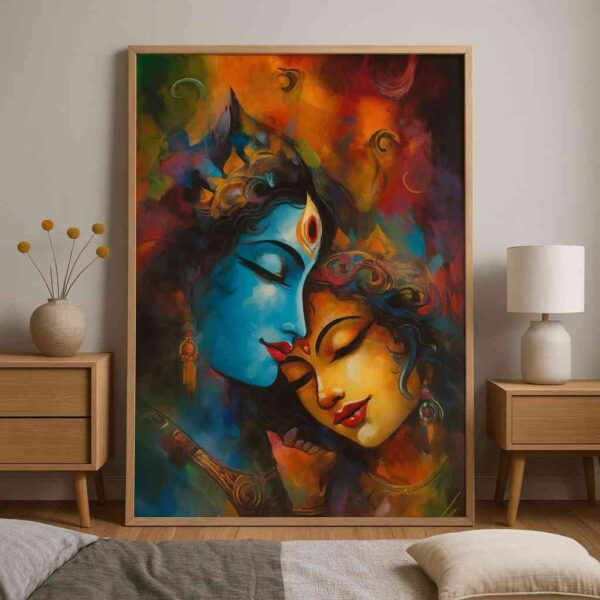 Radha Krishna wall art, Radha Krishna canvas painting, divine love wall art, spiritual wall art for home, Hindu god wall painting 30x48 inch, large canvas painting, vastu spiritual wall art, premium framed religious painting, devotional wall décor painting, Krishna Radha abstract art