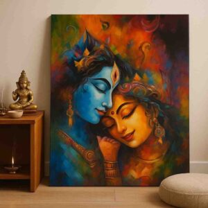 Radha Krishna wall art, Radha Krishna canvas painting, divine love wall art, spiritual wall art for home, Hindu god wall painting 30x48 inch, large canvas painting, vastu spiritual wall art, premium framed religious painting, devotional wall décor painting, Krishna Radha abstract art