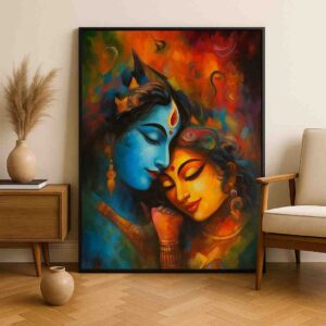 Radha Krishna wall art, Radha Krishna canvas painting, divine love wall art, spiritual wall art for home, Hindu god wall painting 30x48 inch, large canvas painting, vastu spiritual wall art, premium framed religious painting, devotional wall décor painting, Krishna Radha abstract art