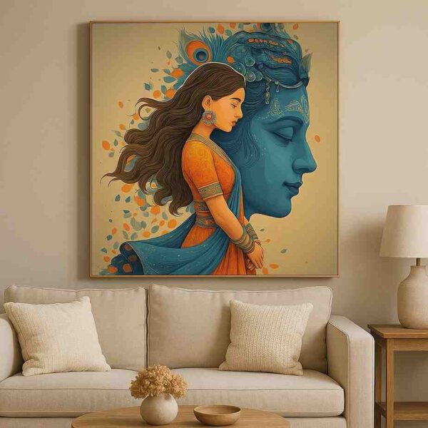 Radha Krishna wall art, spiritual canvas painting, devotional wall art for home, modern mythological painting, large canvas painting 30x48 inch, vastu wall art painting, premium framed spiritual art, divine love wall décor, Krishna inspired wall art, contemporary spiritual artwork