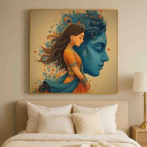 Radha Krishna wall art, spiritual canvas painting, devotional wall art for home, modern mythological painting, large canvas painting 30x48 inch, vastu wall art painting, premium framed spiritual art, divine love wall décor, Krishna inspired wall art, contemporary spiritual artwork