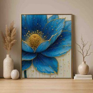 Blue lotus wall art, lotus canvas painting, floral wall art for living room, luxury wall art 30x48 inch, modern wall painting, large canvas painting, premium framed wall art, contemporary floral artwork, designer wall art for home, vastu lotus wall art, elegant home décor painting