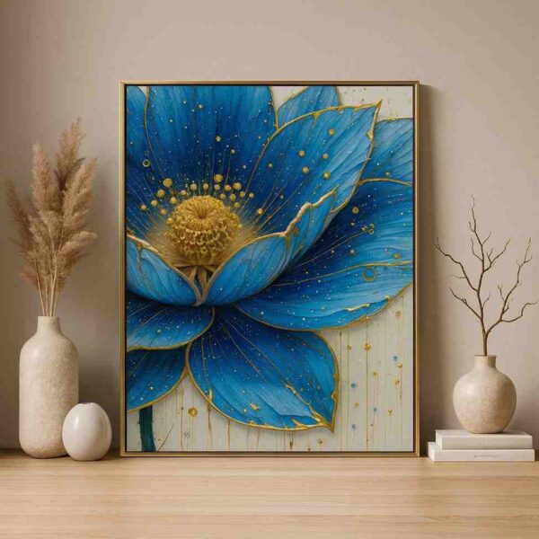 Blue lotus wall art, lotus canvas painting, floral wall art for living room, luxury wall art 30x48 inch, modern wall painting, large canvas painting, premium framed wall art, contemporary floral artwork, designer wall art for home, vastu lotus wall art, elegant home décor painting
