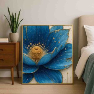 Blue lotus wall art, lotus canvas painting, floral wall art for living room, luxury wall art 30x48 inch, modern wall painting, large canvas painting, premium framed wall art, contemporary floral artwork, designer wall art for home, vastu lotus wall art, elegant home décor painting
