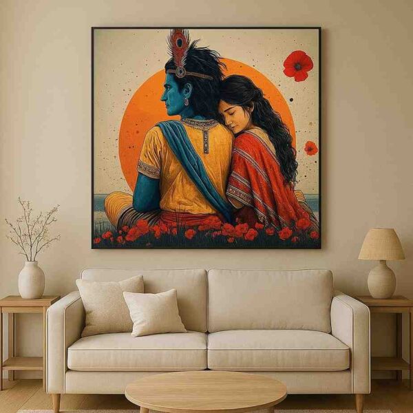 Radha Krishna wall art, Radha Krishna canvas painting, divine love wall art, spiritual wall art for home, Hindu god wall painting 30x48 inch, large canvas painting, vastu spiritual wall art, premium framed religious painting, devotional wall décor painting, Krishna Radha artwork