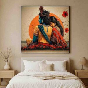 Radha Krishna wall art, Radha Krishna canvas painting, divine love wall art, spiritual wall art for home, Hindu god wall painting 30x48 inch, large canvas painting, vastu spiritual wall art, premium framed religious painting, devotional wall décor painting, Krishna Radha artwork