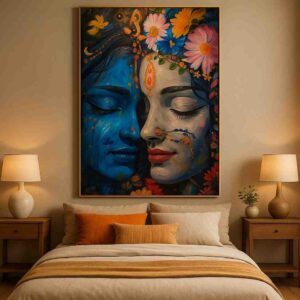 Radha Krishna wall art, devotional canvas painting, floral Radha Krishna painting, spiritual wall art for home, Hindu god wall painting 30x48 inch, large canvas painting, vastu spiritual wall art, premium framed religious painting, divine love wall décor, Krishna Radha portrait art