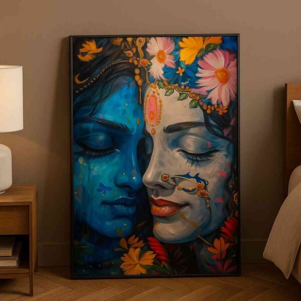 Radha Krishna wall art, devotional canvas painting, floral Radha Krishna painting, spiritual wall art for home, Hindu god wall painting 30x48 inch, large canvas painting, vastu spiritual wall art, premium framed religious painting, divine love wall décor, Krishna Radha portrait art
