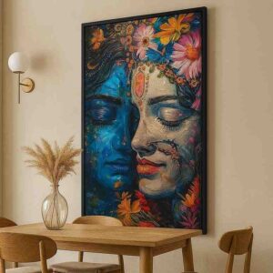 Radha Krishna wall art, devotional canvas painting, floral Radha Krishna painting, spiritual wall art for home, Hindu god wall painting 30x48 inch, large canvas painting, vastu spiritual wall art, premium framed religious painting, divine love wall décor, Krishna Radha portrait art