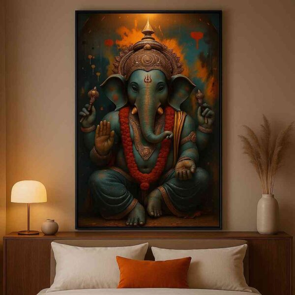 Lord Ganesha wall art, Ganesha canvas painting, spiritual wall art for home, Hindu god wall painting 30x48 inch, large canvas painting, vastu Ganesha wall art, premium framed religious painting, divine wall décor painting, Ganpati wall art, auspicious home décor painting