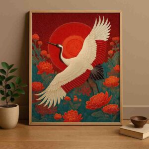 Crane wall art, red sun wall painting, oriental canvas painting, luxury wall art for living room, modern wall painting 30x48 inch, large canvas painting, premium framed wall art, floral bird wall art, elegant home décor painting, statement wall art