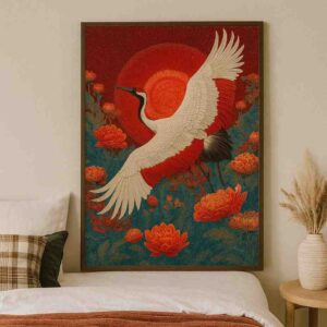 Crane wall art, red sun wall painting, oriental canvas painting, luxury wall art for living room, modern wall painting 30x48 inch, large canvas painting, premium framed wall art, floral bird wall art, elegant home décor painting, statement wall art