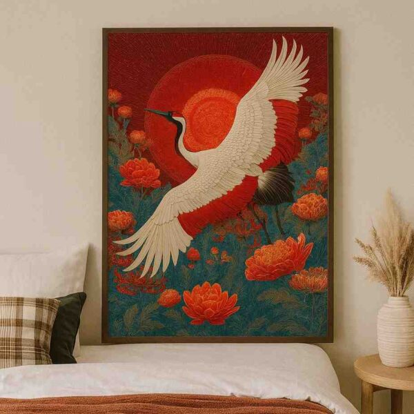 Crane wall art, red sun wall painting, oriental canvas painting, luxury wall art for living room, modern wall painting 30x48 inch, large canvas painting, premium framed wall art, floral bird wall art, elegant home décor painting, statement wall art
