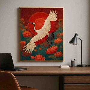 Crane wall art, red sun wall painting, oriental canvas painting, luxury wall art for living room, modern wall painting 30x48 inch, large canvas painting, premium framed wall art, floral bird wall art, elegant home décor painting, statement wall art