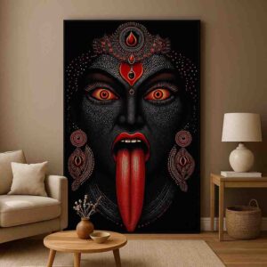 Goddess Kali wall art, Maa Kali canvas painting, fierce goddess wall art, spiritual wall art for home, Hindu goddess wall painting 30x48 inch, large canvas painting, vastu Kali wall art, premium framed religious painting, divine power wall décor, Shakti devotional artwork