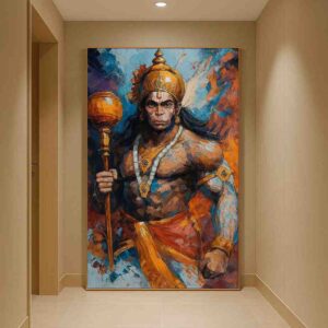Artwork Theme: Lord Hanuman | Warrior | Devotional Art Material: Premium quality canvas Print Quality: High-resolution, fade-resistant printing Color Palette: Orange, blue, gold & earthy tones Size: 30 × 48 inches (Large Wall Art) Orientation: Vertical Frame: Ready-to-hang framed canvas Finish: Rich texture with premium matte finish
